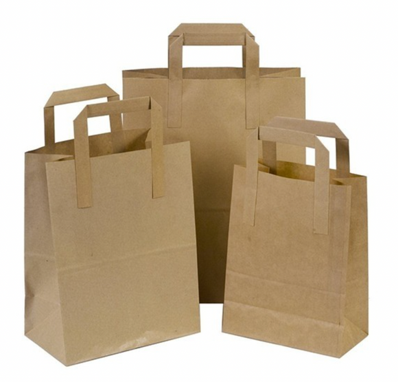BROWN SOS PAPER BAGS WITH HANDLES - VARIOUS SIZES- PACK OF 250PCS