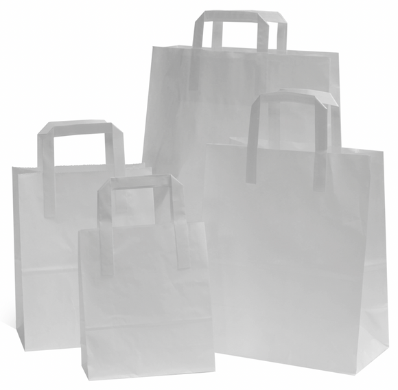 WHITE SOS PAPER BAGS WITH HANDLES - VARIOUS SIZES- PACK OF 250PCS