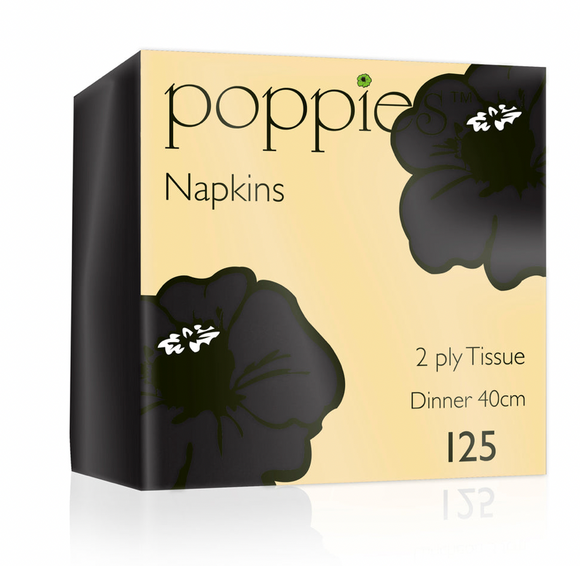 POPPIES BLACK 2PLY NAPKINS (40CM) 4FOLD - 16 PACKS - 2000 PIECES